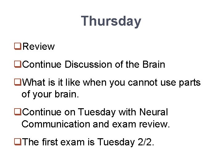 Thursday q. Review q. Continue Discussion of the Brain q. What is it like