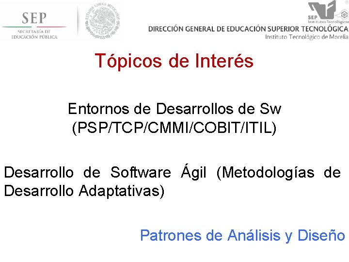 Tópicos de Interés Entornos de Desarrollos de Sw (PSP/TCP/CMMI/COBIT/ITIL) Desarrollo de Software Ágil (Metodologías