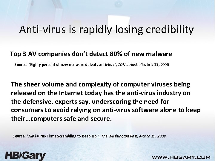 Anti-virus is rapidly losing credibility Top 3 AV companies don’t detect 80% of new