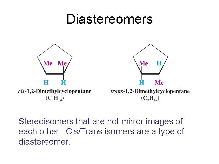 Diastereomers Stereoisomers that are not mirror images of each other. Cis/Trans isomers are a