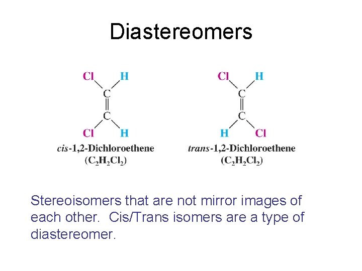 Diastereomers Stereoisomers that are not mirror images of each other. Cis/Trans isomers are a