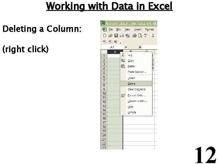 Working with Data in Excel Deleting a Column: (right click) 12 