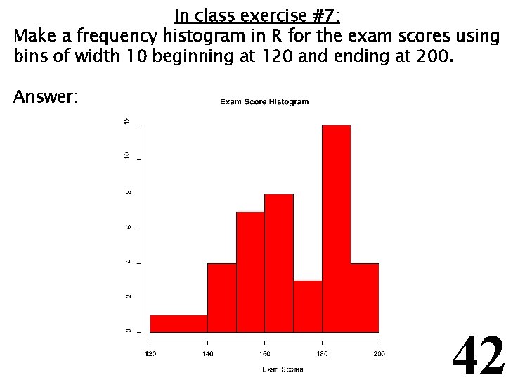 In class exercise #7: Make a frequency histogram in R for the exam scores