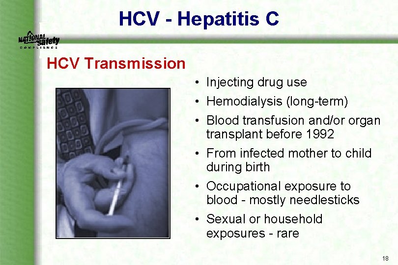 HCV - Hepatitis C HCV Transmission • Injecting drug use • Hemodialysis (long term)