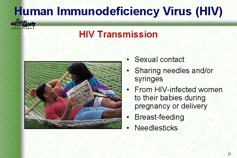 Human Immunodeficiency Virus (HIV) HIV Transmission • Sexual contact • Sharing needles and/or syringes