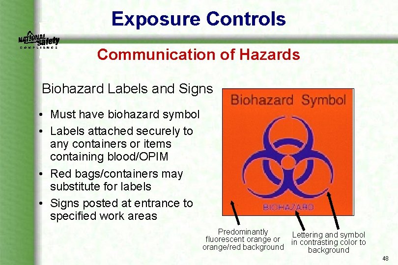 Exposure Controls Communication of Hazards Biohazard Labels and Signs • Must have biohazard symbol