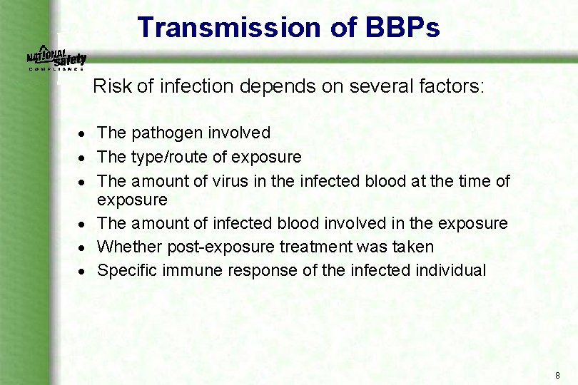 Transmission of BBPs Risk of infection depends on several factors: · The pathogen involved