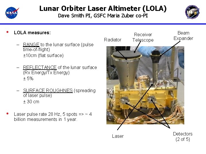 Lunar Orbiter Laser Altimeter (LOLA) Dave Smith PI, GSFC Maria Zuber co-PI • LOLA