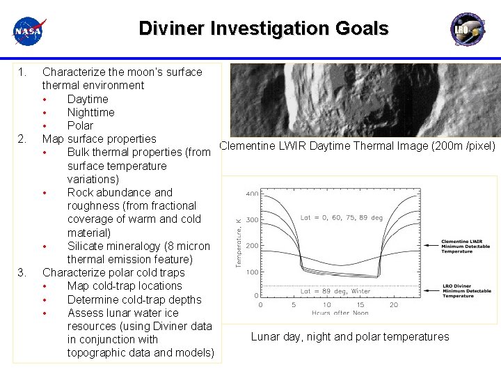 Diviner Investigation Goals 1. 2. 3. Characterize the moon’s surface thermal environment • Daytime