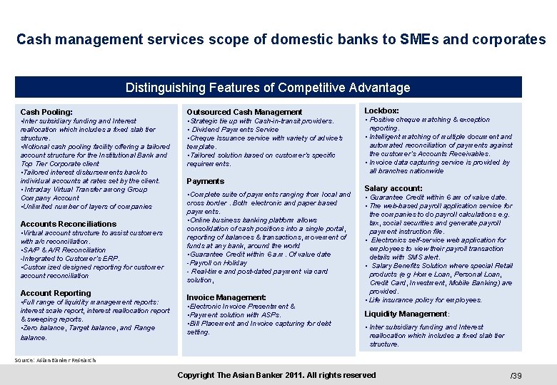 Cash management services scope of domestic banks to SMEs and corporates Distinguishing Features of