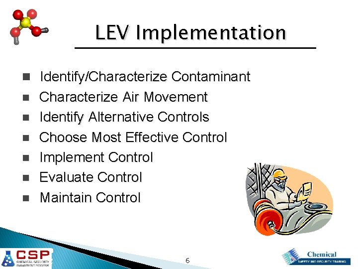 LEV Implementation n Identify/Characterize Contaminant n n n Characterize Air Movement Identify Alternative Controls