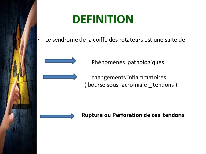 DEFINITION • Le syndrome de la coiffe des rotateurs est une suite de Phénomènes