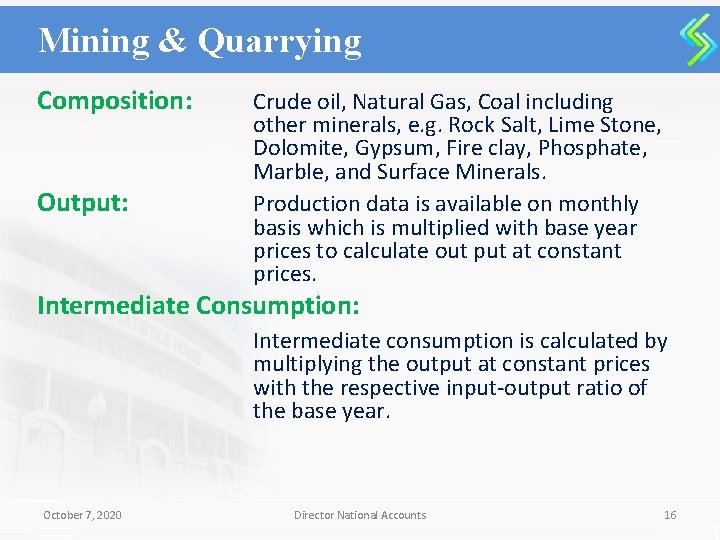 Mining & Quarrying Composition: Output: Crude oil, Natural Gas, Coal including other minerals, e.