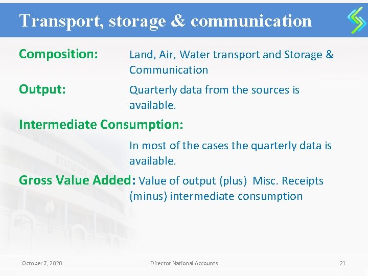 Transport, storage & communication Composition: Land, Air, Water transport and Storage & Communication Output: