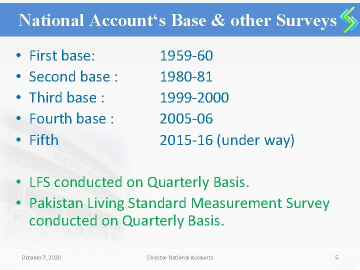 National Account‘s Base & other Surveys • • • First base: Second base :