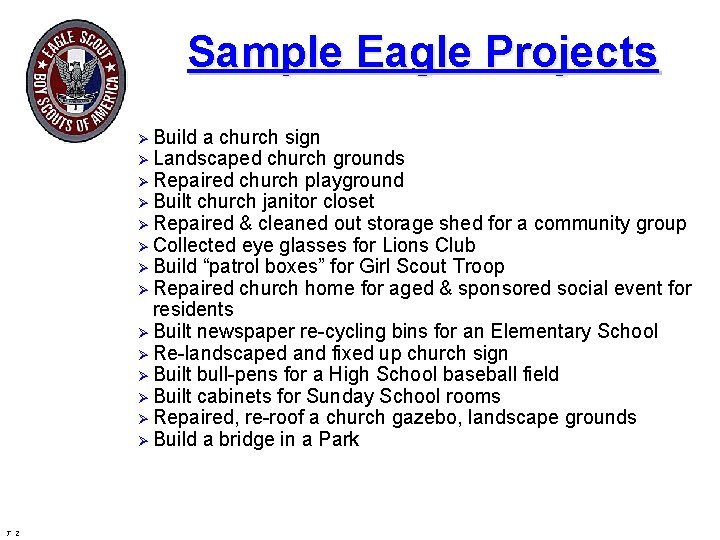 Sample Eagle Projects Ø Build a church sign Ø Landscaped church grounds Ø Repaired