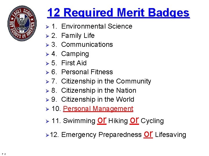 12 Required Merit Badges Ø 1. Environmental Science 2. Family Life 3. Communications 4.