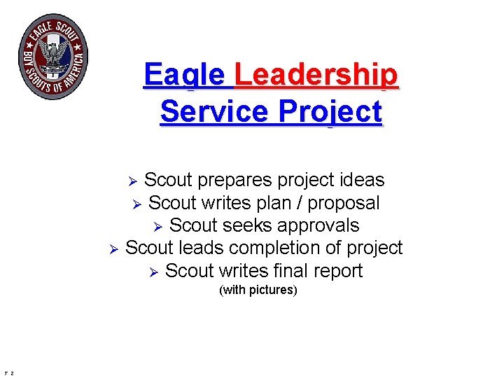 Eagle Leadership Service Project Scout prepares project ideas Ø Scout writes plan / proposal