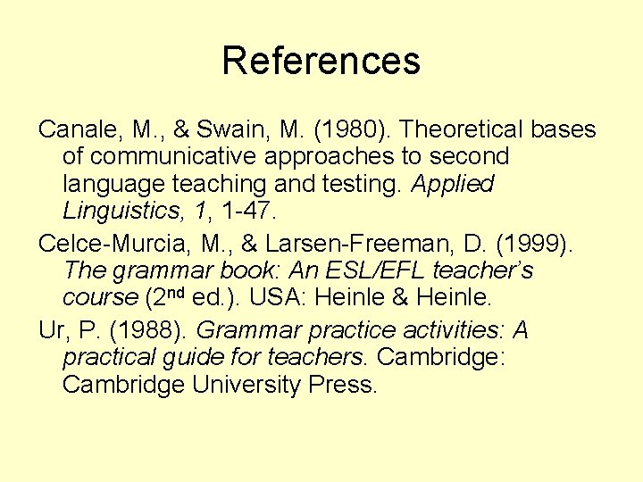 References Canale, M. , & Swain, M. (1980). Theoretical bases of communicative approaches to