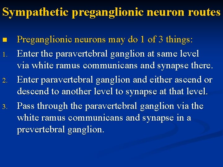 Sympathetic preganglionic neuron routes n 1. 2. 3. Preganglionic neurons may do 1 of