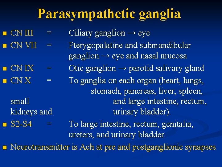 Parasympathetic ganglia n n n CN III CN VII = = Ciliary ganglion →