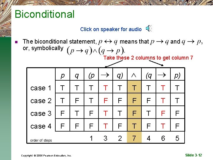 Biconditional Click on speaker for audio n The biconditional statement, or, symbolically means that