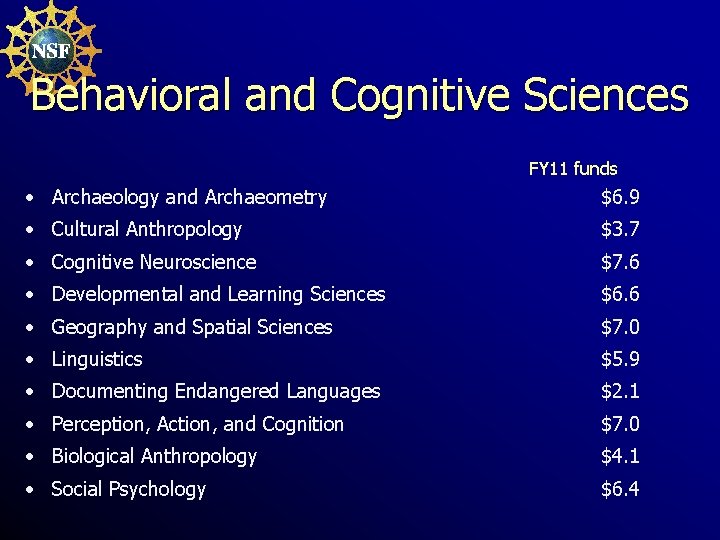 Behavioral and Cognitive Sciences FY 11 funds • Archaeology and Archaeometry $6. 9 •