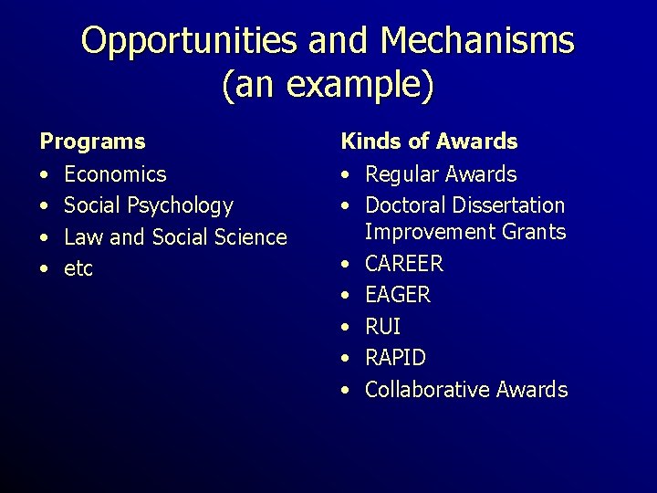 Opportunities and Mechanisms (an example) Programs Kinds of Awards • • • Regular Awards