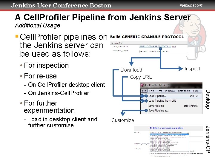 Jenkins User Conference Boston #jenkinsconf A Cell. Profiler Pipeline from Jenkins Server Additional Usage