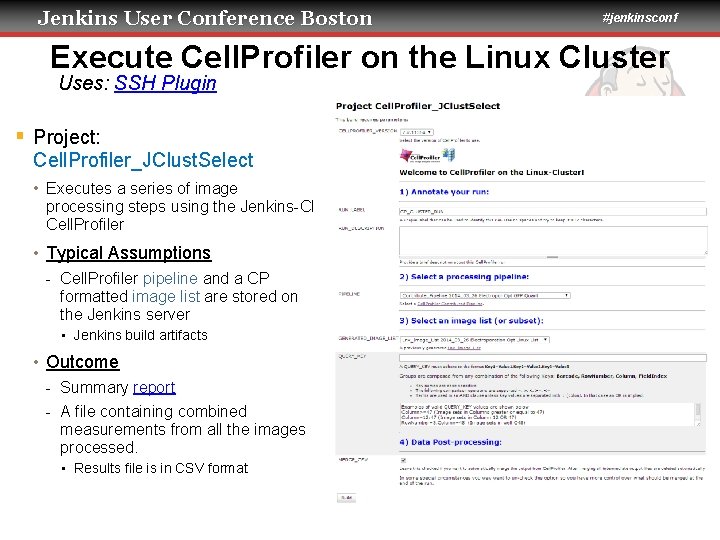 Jenkins User Conference Boston #jenkinsconf Execute Cell. Profiler on the Linux Cluster Uses: SSH