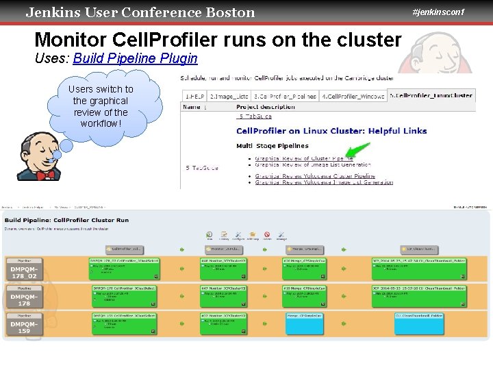 Jenkins User Conference Boston Monitor Cell. Profiler runs on the cluster Uses: Build Pipeline