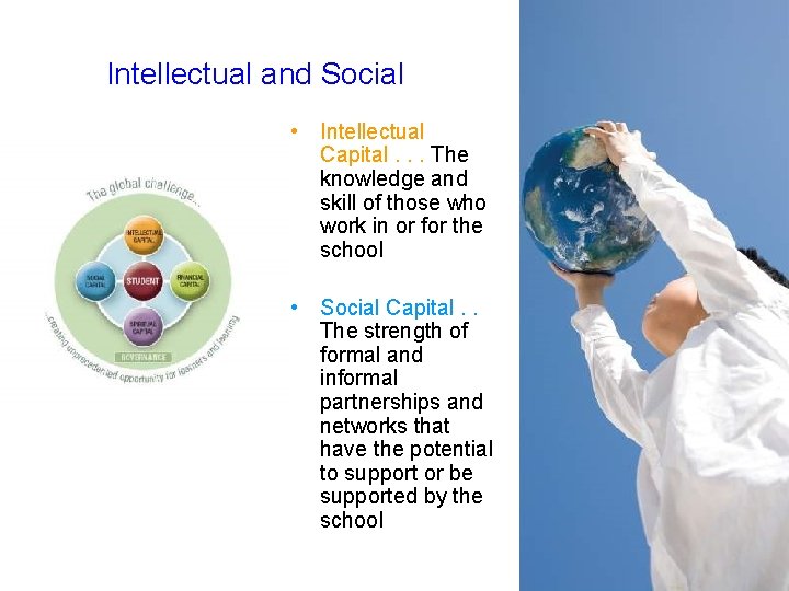 Intellectual and Social • Intellectual Capital. . . The knowledge and skill of those