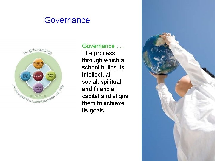 Governance • Governance. . . The process through which a school builds its intellectual,