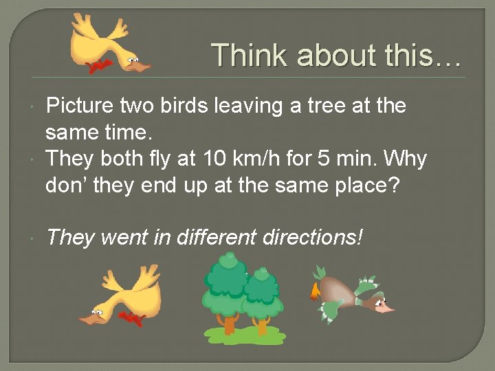 Think about this… Picture two birds leaving a tree at the same time. They