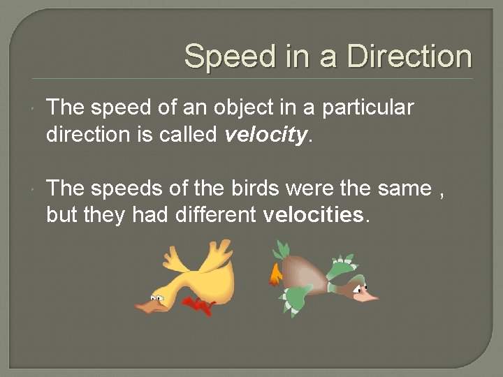 Speed in a Direction The speed of an object in a particular direction is