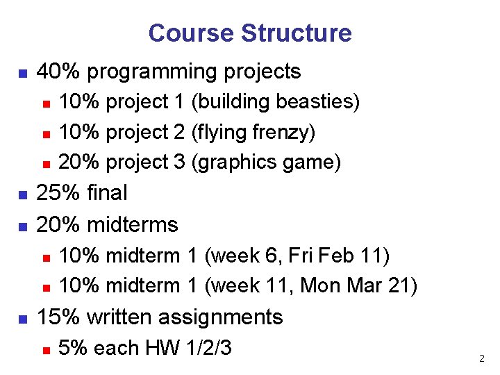 Course Structure n 40% programming projects n n n 25% final 20% midterms n
