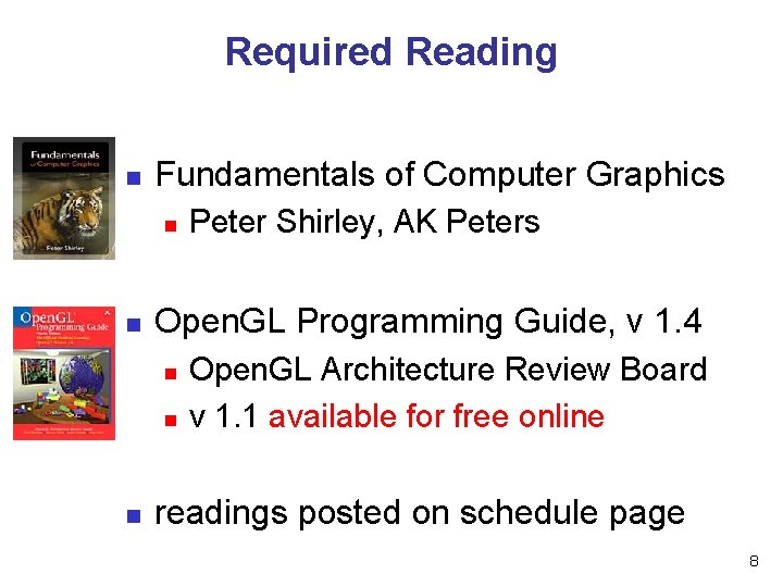 Required Reading n Fundamentals of Computer Graphics n n Open. GL Programming Guide, v