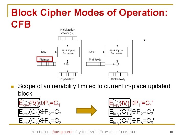 Block Cipher Modes of Operation: CFB n Scope of vulnerability limited to current in-place