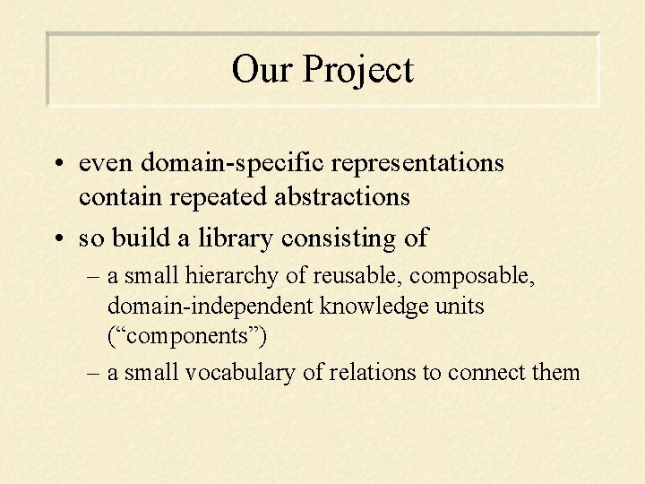 Our Project • even domain-specific representations contain repeated abstractions • so build a library