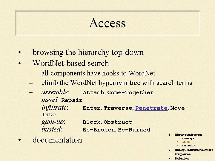 Access • • browsing the hierarchy top-down Word. Net-based search – – – all