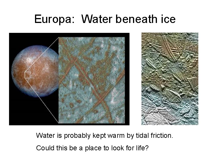 Europa: Water beneath ice Water is probably kept warm by tidal friction. Could this