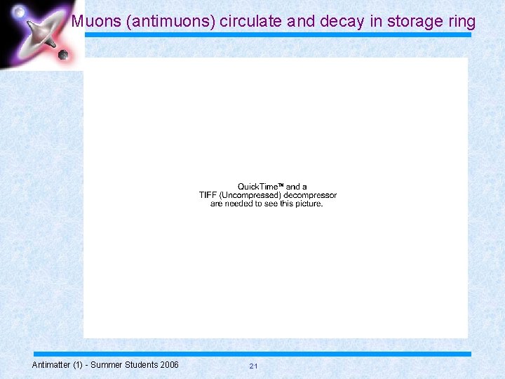 Muons (antimuons) circulate and decay in storage ring Antimatter (1) - Summer Students 2006