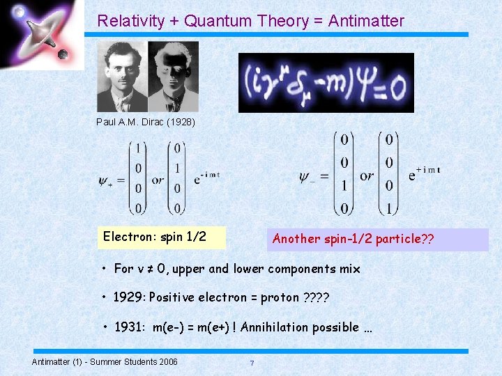 Relativity + Quantum Theory = Antimatter Paul A. M. Dirac (1928) Electron: spin 1/2