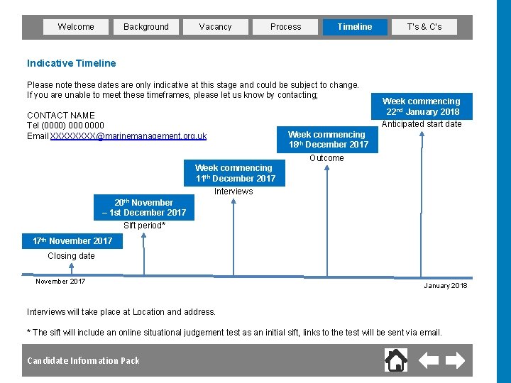 Welcome Background Vacancy Process Timeline T’s & C’s Indicative Timeline Please note these dates