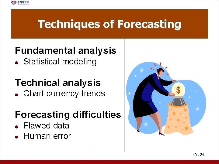 Techniques of Forecasting Fundamental analysis Statistical modeling Technical analysis Chart currency trends Forecasting difficulties