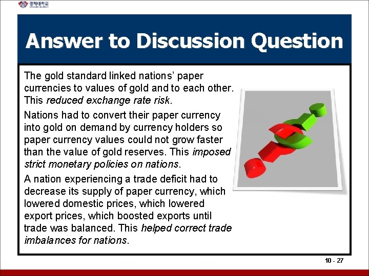 Answer to Discussion Question The gold standard linked nations’ paper currencies to values of