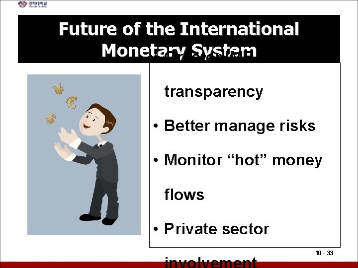 Future of the International Monetary System • Greater IMF transparency • Better manage risks