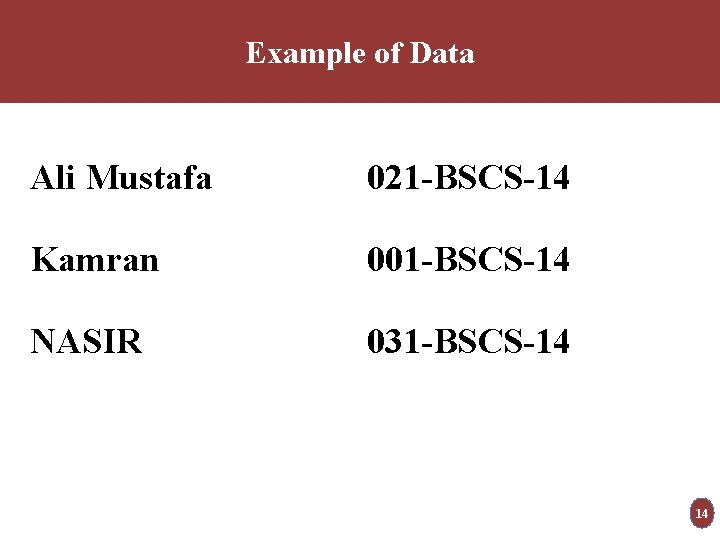 Example of Data Ali Mustafa 021 -BSCS-14 Kamran 001 -BSCS-14 NASIR 031 -BSCS-14 14