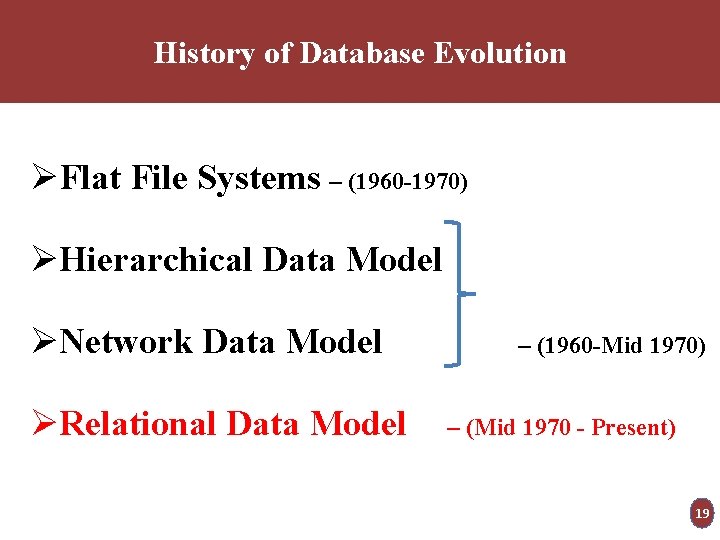 History of Database Evolution ØFlat File Systems – (1960 -1970) ØHierarchical Data Model ØNetwork