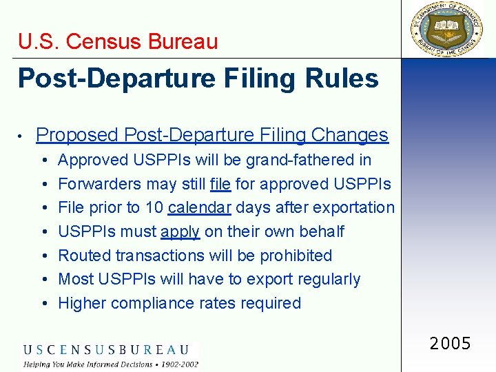 U. S. Census Bureau Post-Departure Filing Rules • Proposed Post-Departure Filing Changes • •